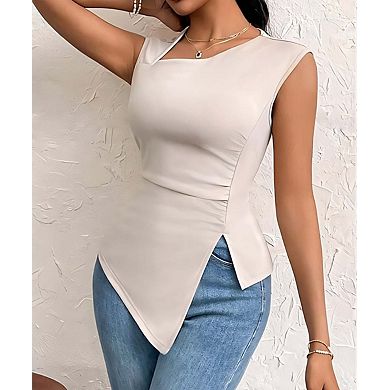 Women's Asymmetrical Neck Sleeveless Top Solid Color Casual Blouse