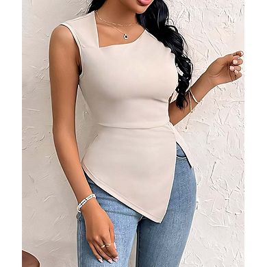 Women's Asymmetrical Neck Sleeveless Top Solid Color Casual Blouse