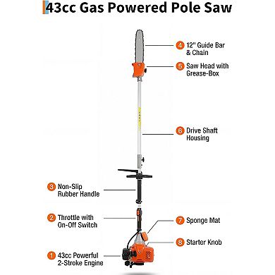 Gas Powered Pole Chain Saw, 12 Inch Guide Bar, 9.5FT Max Extendable Reach, Anti-Vibration Grip