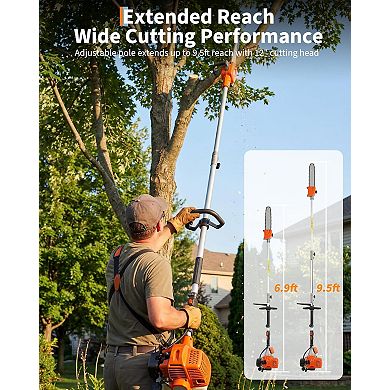 Gas Powered Pole Chain Saw, 12 Inch Guide Bar, 9.5FT Max Extendable Reach, Anti-Vibration Grip