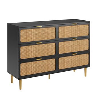 Modern Rattan 6 Drawer Dresser, Deep Wide Storage Drawers, for Bedroom, Living Room, Hallway