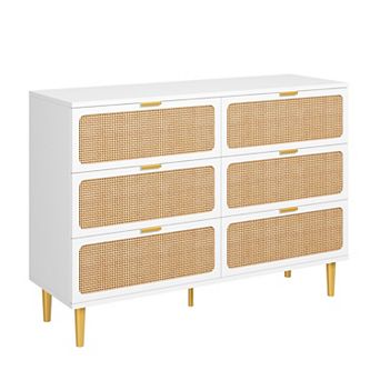 Modern Rattan 6 Drawer Dresser, Deep Wide Storage Drawers, for Bedroom, Living Room, Hallway