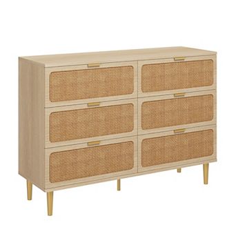 Modern Rattan 6 Drawer Dresser, Deep Wide Storage Drawers, for Bedroom, Living Room, Hallway