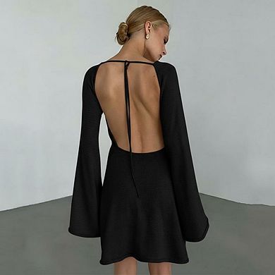 Women's Long Flare Sleeve Dresses Backless Tie Loose Flowy Hem Mini Dress