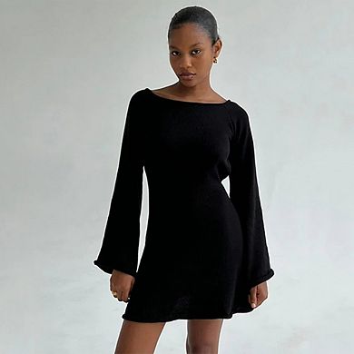 Women's Long Flare Sleeve Dresses Backless Tie Loose Flowy Hem Mini Dress