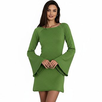 Women's Long Flare Sleeve Dresses Backless Tie Loose Flowy Hem Mini Dress