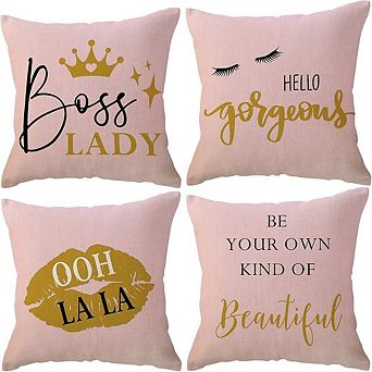 Boss Lady Decorative Throw Pillow Covers Set of Four Pink Quote Cushion Cases