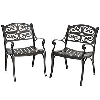 Patio Cast Aluminum Dining Chairs of 2, Bistro Chairs with Armrests, Black with Gold-Painted Edges