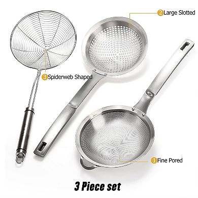 3-Piece Stainless Steel Spider Strainer Set with Handle Fine Mesh Skimmer & Colander