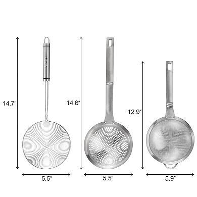 3-Piece Stainless Steel Spider Strainer Set with Handle Fine Mesh Skimmer & Colander