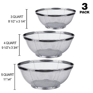 Set of 3 Stainless Steel Strainers (5QT, 4QT, 3QT) for Pasta, Rice, Fruit & More