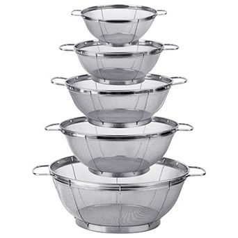 5-Pack Stainless Steel Colander Set with Mesh Strainers, Handles & Base for Straining & Steaming