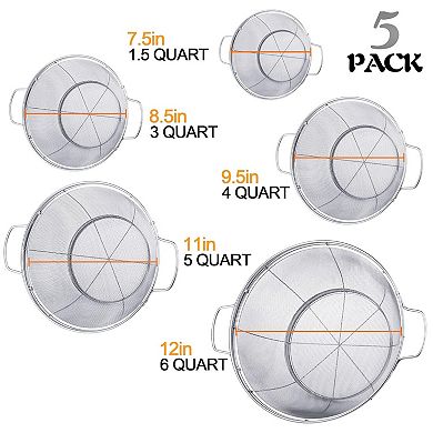 5-Pack Stainless Steel Colander Set with Mesh Strainers, Handles & Base for Straining & Steaming