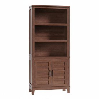 71" Farmhouse Bookcase with Doors, 5 tier Narrow Bookshelf, Brown