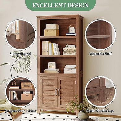 71" Farmhouse Bookcase with Doors, 5 Tier Narrow Bookshelf, Brown