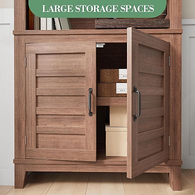 71" Farmhouse Bookcase with Doors, 5 Tier Narrow Bookshelf, Brown