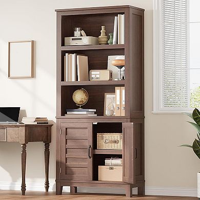 71" Farmhouse Bookcase with Doors, 5 Tier Narrow Bookshelf, Brown