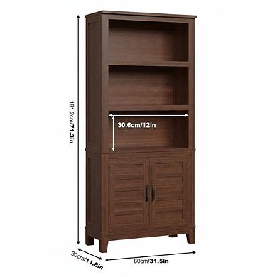 71" Farmhouse Bookcase with Doors, 5 Tier Narrow Bookshelf, Brown