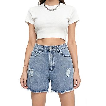 Women's High Rise Distressed Frayed Hem Casual Jean Denim Shorts