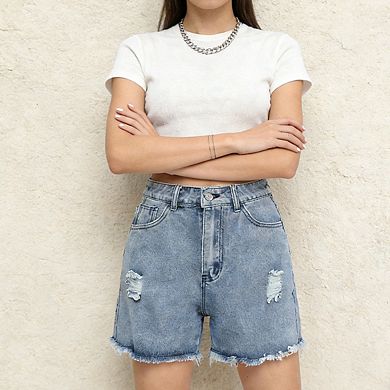 Women's High Rise Distressed Frayed Hem Casual Jean Denim Shorts