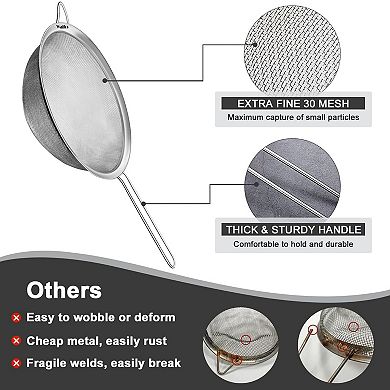 Set of 3 Stainless Steel Fine Mesh Strainers, Multipurpose Kitchen Sieve (2.7", 4.6", 7")
