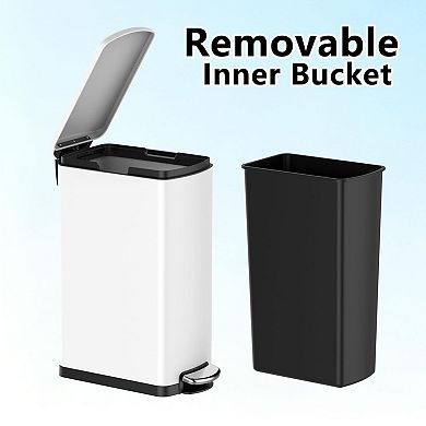 Slim Kitchen Trash Can 8 Gal with Removable Inner Bucket & Soft Close Lid, , Stainless Steel, White