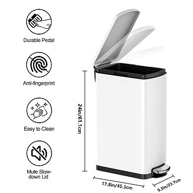 Slim Kitchen Trash Can 8 Gal with Removable Inner Bucket & Soft Close Lid, , Stainless Steel, White