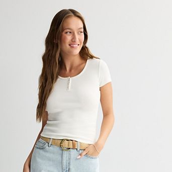 Juniors' SO® Short Sleeve Henley Scoop Top