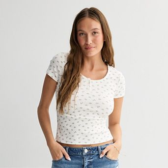 Juniors' SO® Short Sleeve Henley Scoop Top