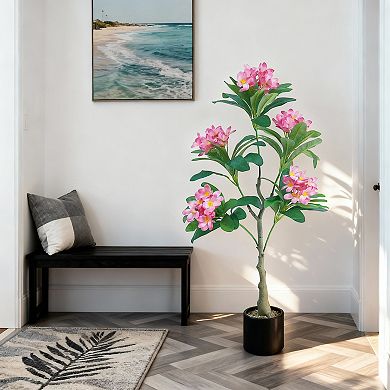 4ft Artificial Plumeria Tree, Pink Frangipani Plant in Pot for Home Office Decor