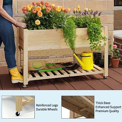 Wooden Raised Garden Bed, 48x24x32 in Mobile Elevated Planter Boxes with Wheels & Shelf, Natural
