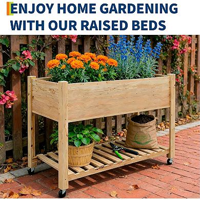 Wooden Raised Garden Bed, 48x24x32 in Mobile Elevated Planter Boxes with Wheels & Shelf, Natural