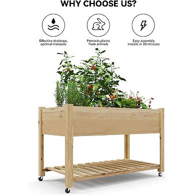 Wooden Raised Garden Bed, 48x24x32 in Mobile Elevated Planter Boxes with Wheels & Shelf, Natural