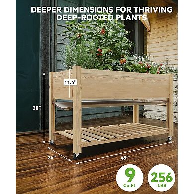 Wooden Raised Garden Bed, 48x24x32 in Mobile Elevated Planter Boxes with Wheels & Shelf, Natural
