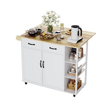 Multi-Function Kitchen Island Cart Rolling Storage Cabinet with Drop Leaf & Spice Rack