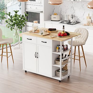 Multi-Function Kitchen Island Cart Rolling Storage Cabinet with Drop Leaf & Spice Rack