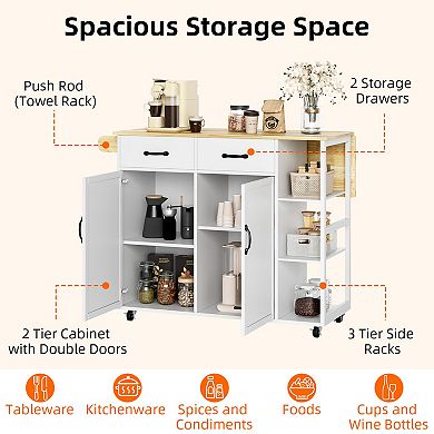 Multi-Function Kitchen Island Cart Rolling Storage Cabinet with Drop Leaf & Spice Rack