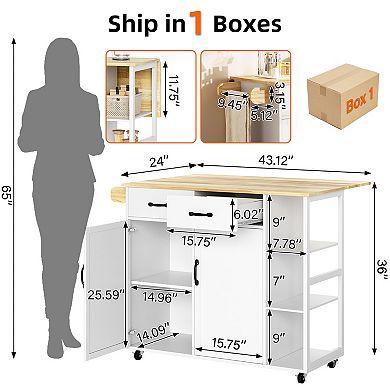 Multi-Function Kitchen Island Cart Rolling Storage Cabinet with Drop Leaf & Spice Rack