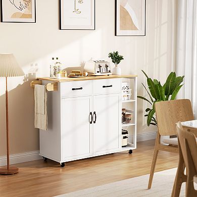 Multi-Function Kitchen Island Cart Rolling Storage Cabinet with Drop Leaf & Spice Rack