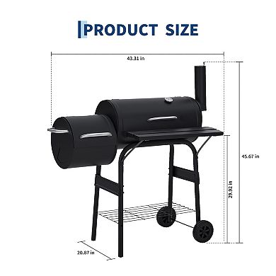 Outdoor BBQ Grill with Offset Smoker, Charcoal Barrel Grill Combo for Camping, Picnics, Patios