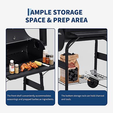 Outdoor BBQ Grill with Offset Smoker, Charcoal Barrel Grill Combo for Camping, Picnics, Patios