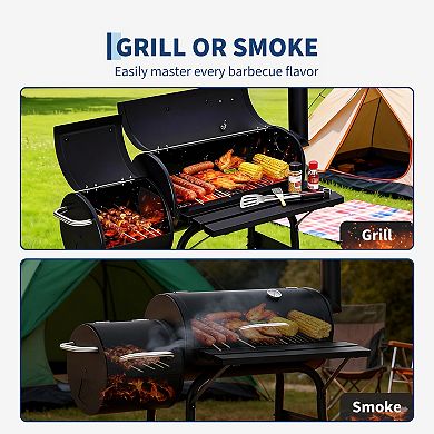 Outdoor BBQ Grill with Offset Smoker, Charcoal Barrel Grill Combo for Camping, Picnics, Patios