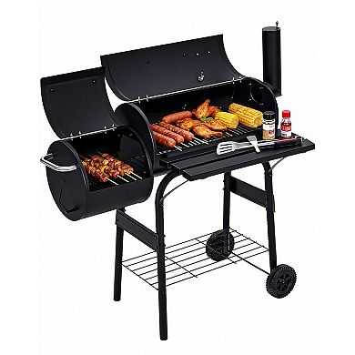 Outdoor BBQ Grill with Offset Smoker, Charcoal Barrel Grill Combo for Camping, Picnics, Patios