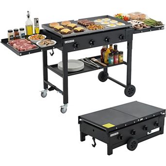 36" Flat Top Grill, 4-Burner Propane Gas Griddle Grill with Wheels & Foldable Shelves, 60,000BTU