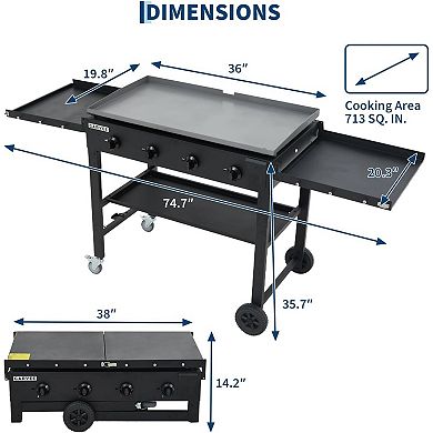 36" Flat Top Grill, 4-Burner Propane Gas Griddle Grill with Wheels & Foldable Shelves, 60,000BTU