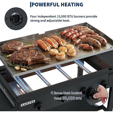 36" Flat Top Grill, 4-Burner Propane Gas Griddle Grill with Wheels & Foldable Shelves, 60,000BTU