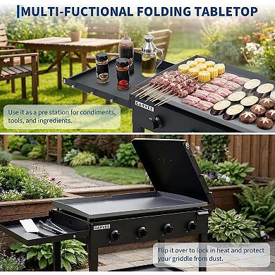 36" Flat Top Grill, 4-Burner Propane Gas Griddle Grill with Wheels & Foldable Shelves, 60,000BTU