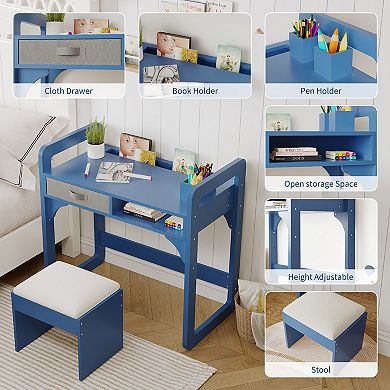 Kids Desk and Chair Set, Wooden Kids Writing Table with Drawers, Study Desk, Art Writing Table