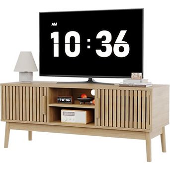 Boho TV Stand, Modern Entertainment Center for TVs Up to 50 Inch, Fluted Door and Open Shelves