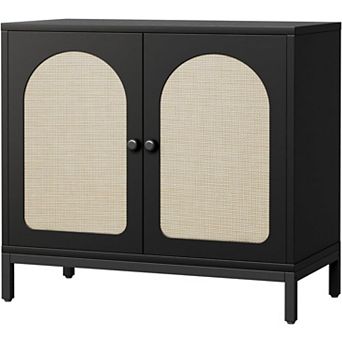 Rattan Buffet Cabinet with Storage, 2-Door Arch Sideboard with Adjustable Shelf, Black